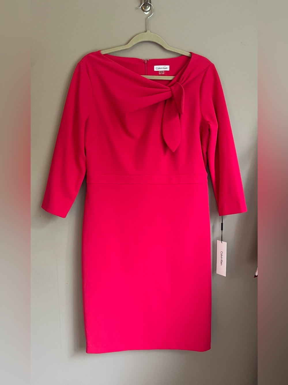 Calvin Klein Scuba Crepe Long Sleeve Bow-Neck Hot Pink Sheath Dress size 14